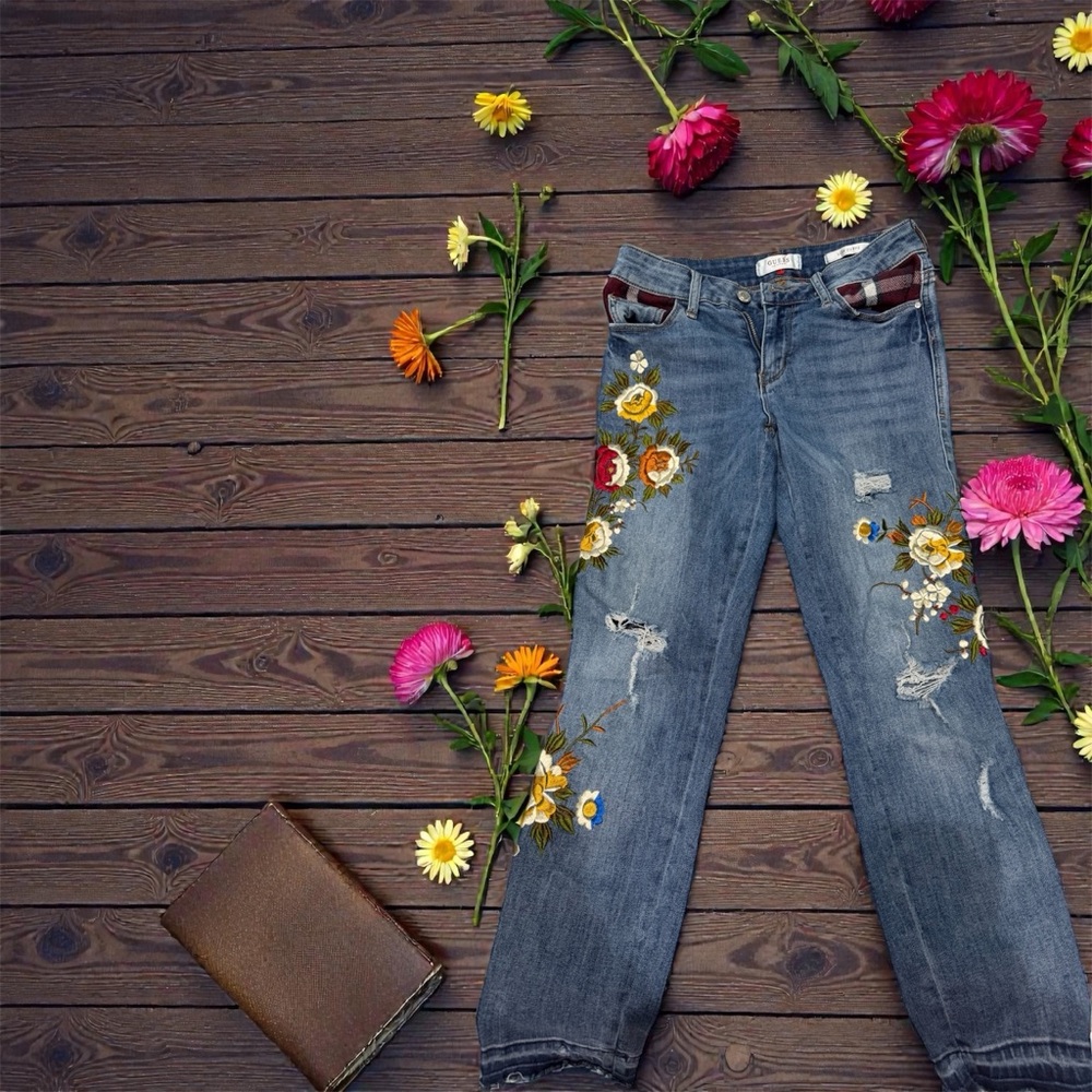 Guess Blue Jeans with Floral Embroidery